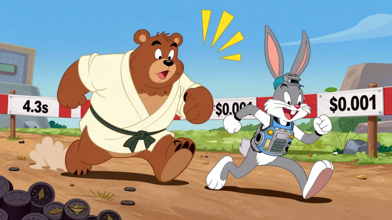 A cartoon rabbit named Pact races past a slow bear named Tinyman in a token-swapping contest with speed and reward markers.
