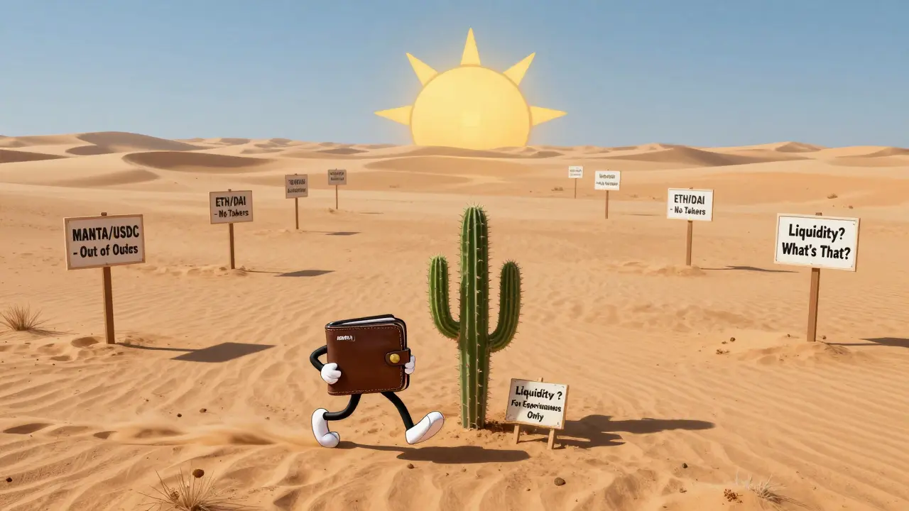 A cartoon wallet walks across a desert of abandoned trading pairs, past signs saying 'No Takers', toward a lone MANTA token cactus.