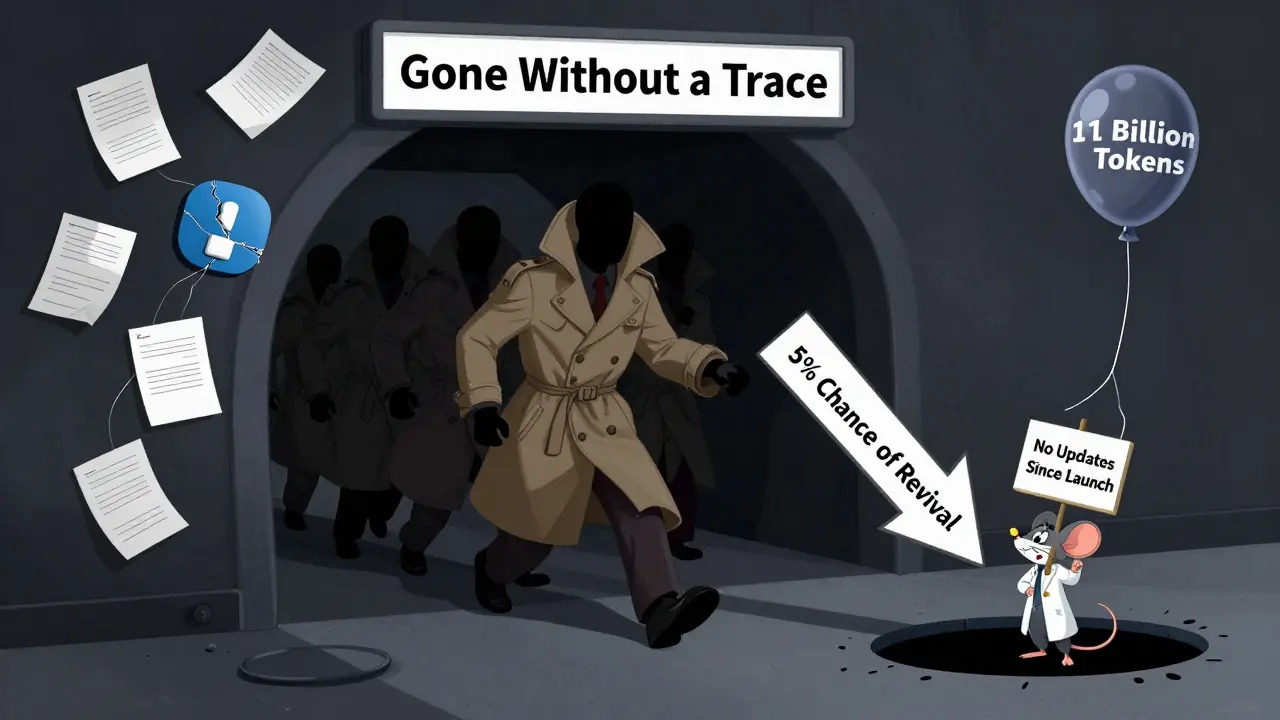A faceless team vanishes through a portal, leaving behind empty documents and a deflated balloon labeled '1 Billion Tokens.'