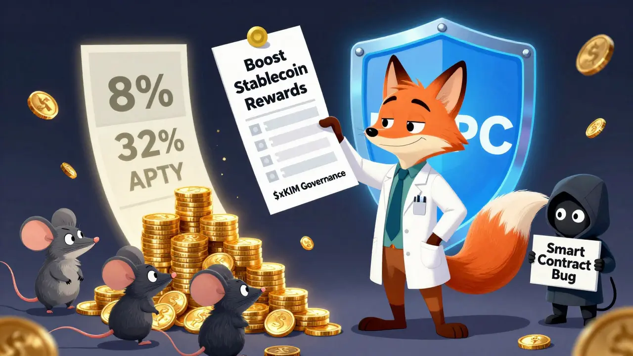 A fox votes on a plugin while mice watch their yields multiply, protected by a glowing MPC shield.