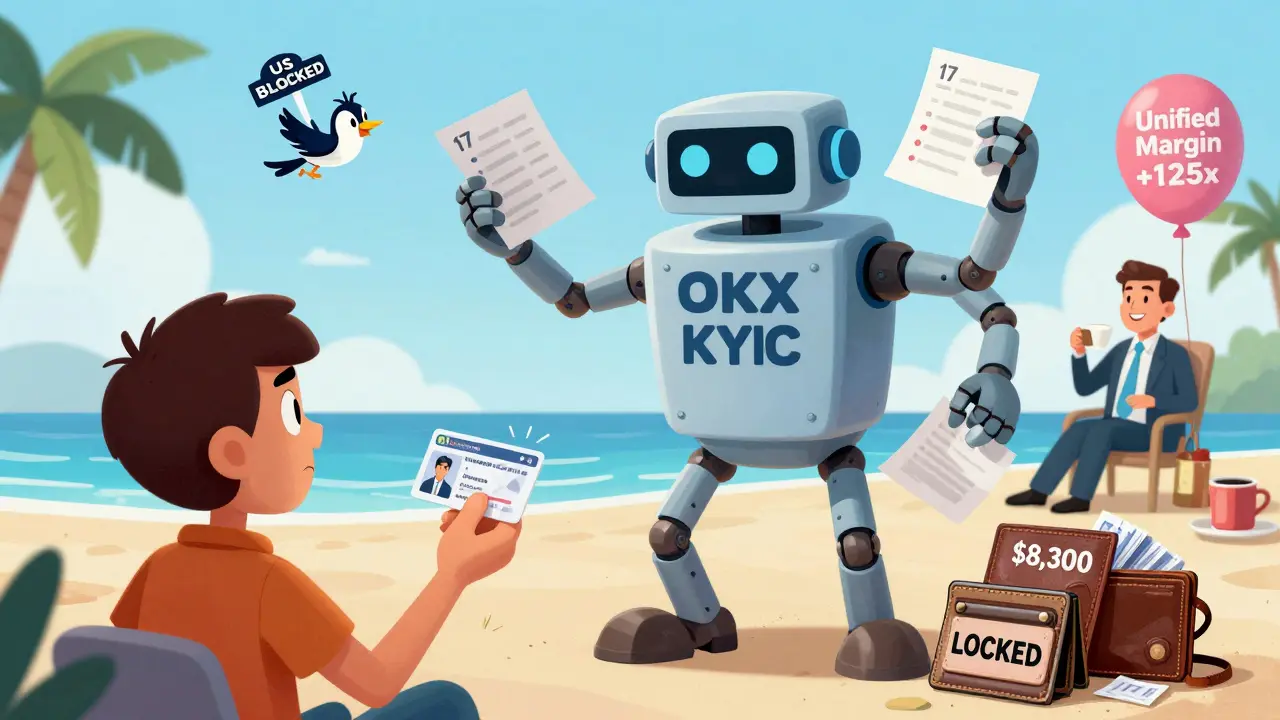 A frustrated user trapped under a giant KYC robot while a 'US BLOCKED' bird flies away.