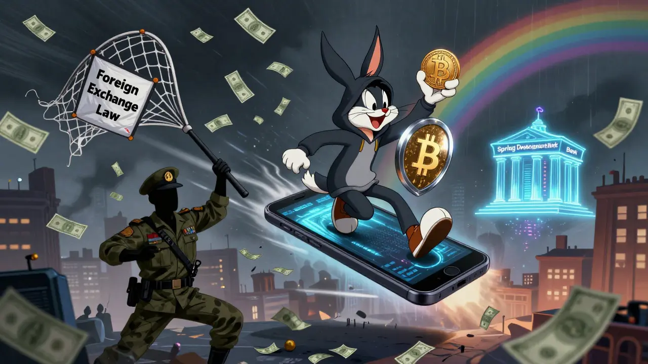 A hero flies on a smartphone past police trying to stop crypto users, while a digital bank glows in the distance.