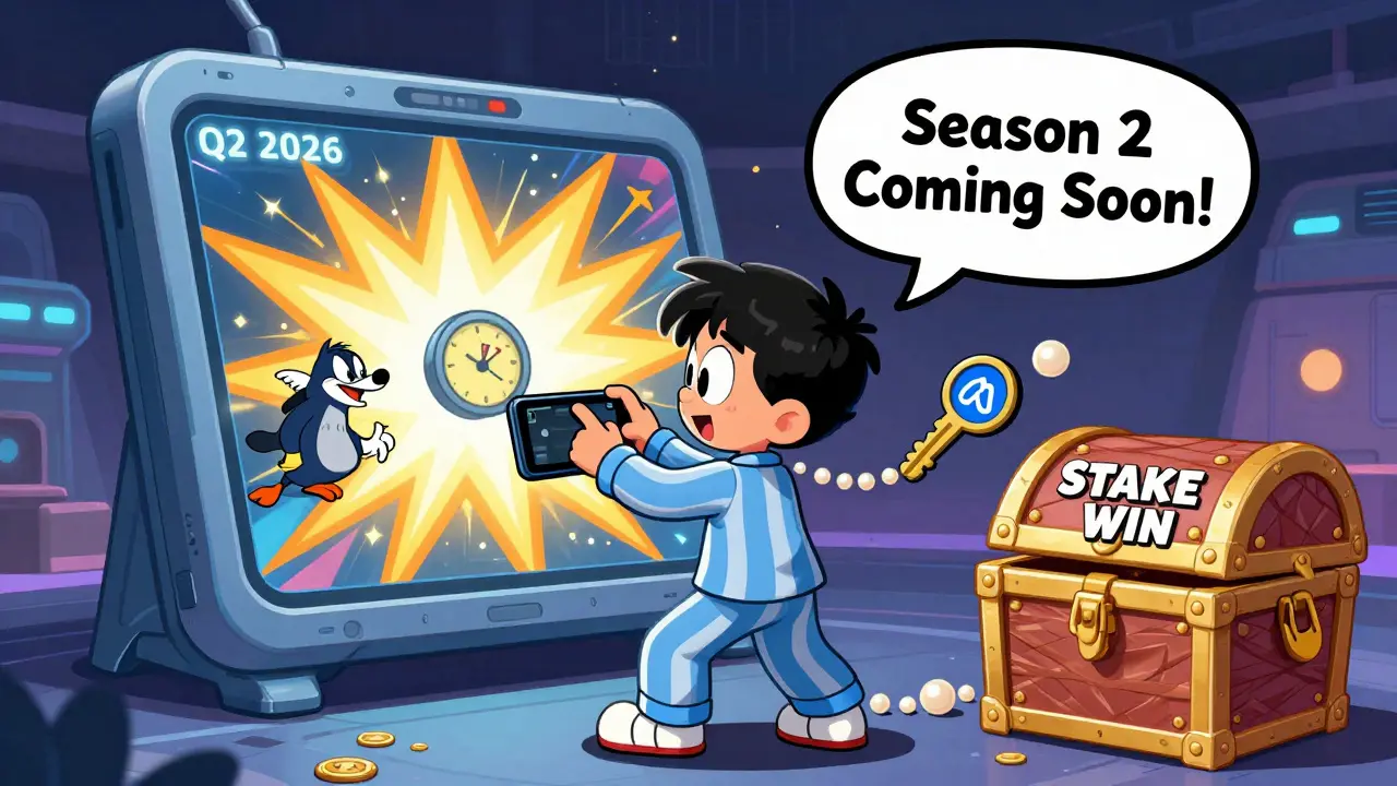 A kid playing CryptoBay on his phone with animated battles around him, a clock ticking toward Season 2.