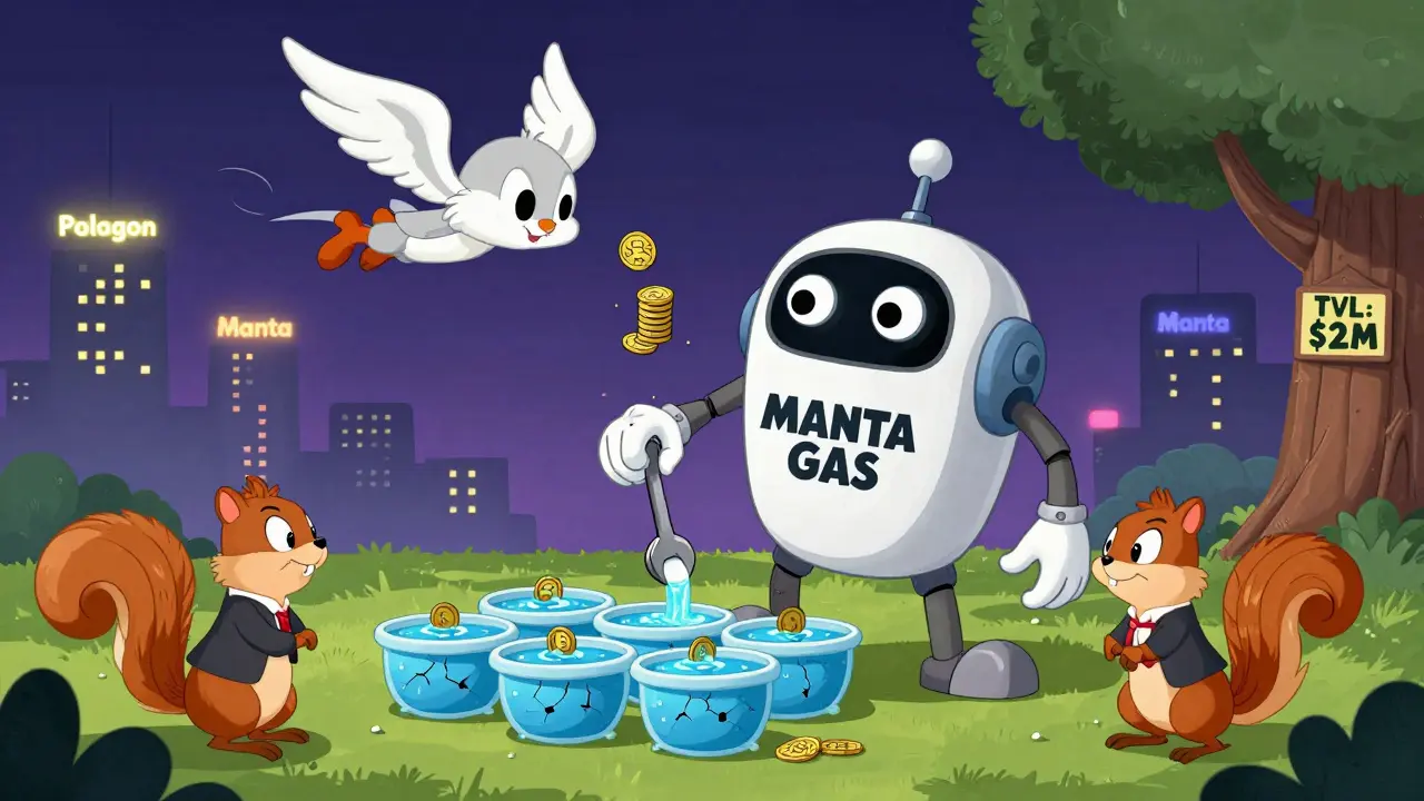 A robot tries to fill tiny liquidity pools with a teaspoon while a squirrel watches, as a zero-shaped coin flies away carrying fees.