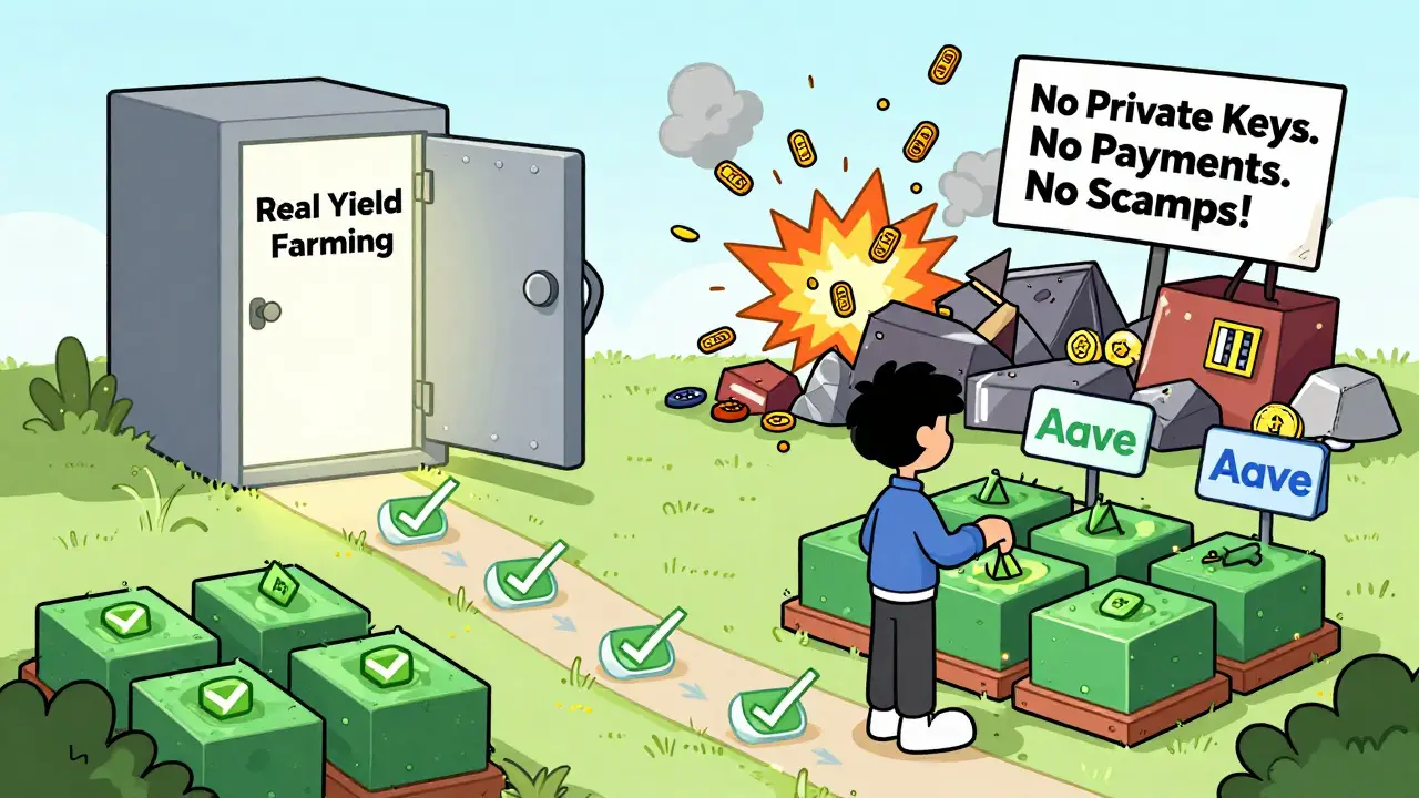 A safe path to real yield farming leads away from an explosion of fake airdrop scams in cartoon style.