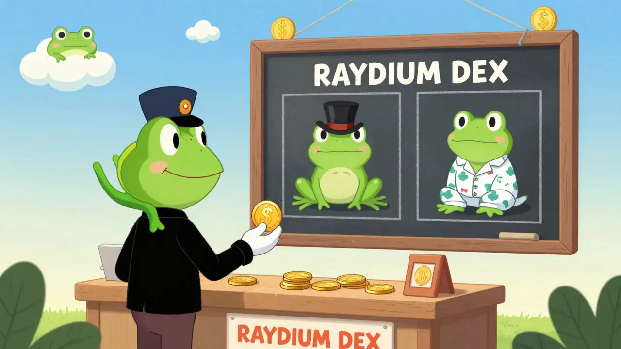 A whimsical crypto marketplace with Tobi the frog as mascot, cartoon holders trading SOL for TOBI tokens at a tiny booth.