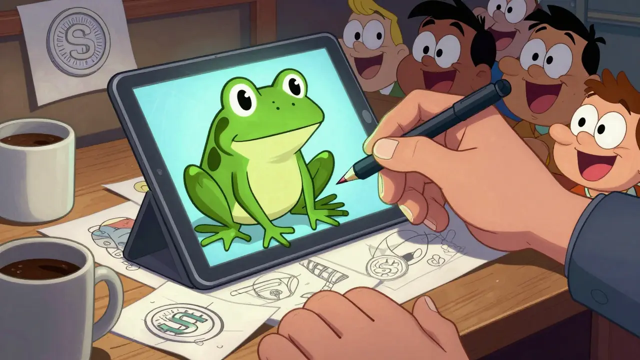 An artist's hand drawing Tobi the frog on a floating tablet, surrounded by excited cartoon crypto fans peeking over a messy desk.