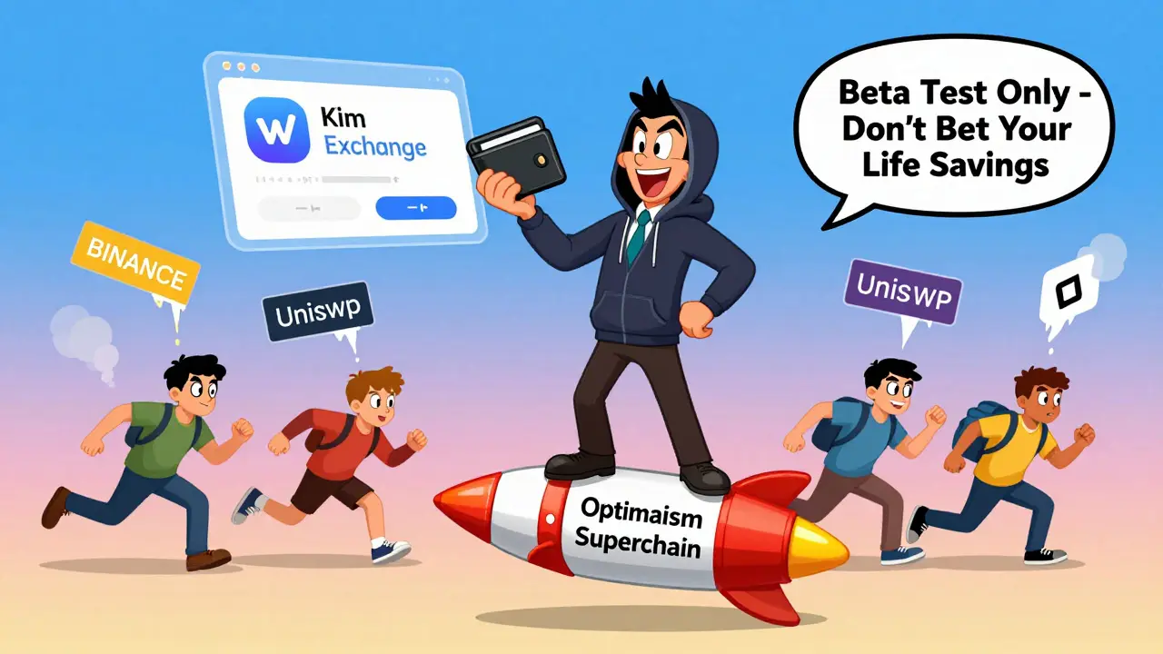 An investor on a rocket labeled 'Optimism Superchain' connects a wallet to Kim Exchange's interface.