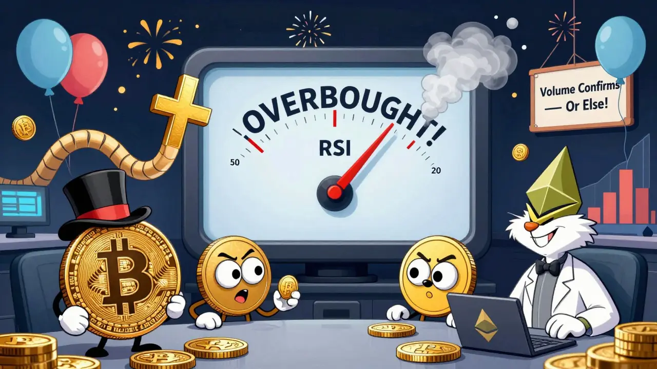 Anthropomorphic crypto coins watch a giant RSI gauge spewing smoke as a Golden Cross occurs in wild Looney Tunes style.