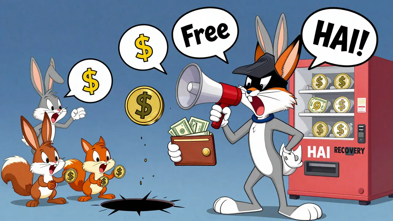 Bugs Bunny holds worthless HAI tokens while a fox tricks others into giving crypto to a fake recovery machine.