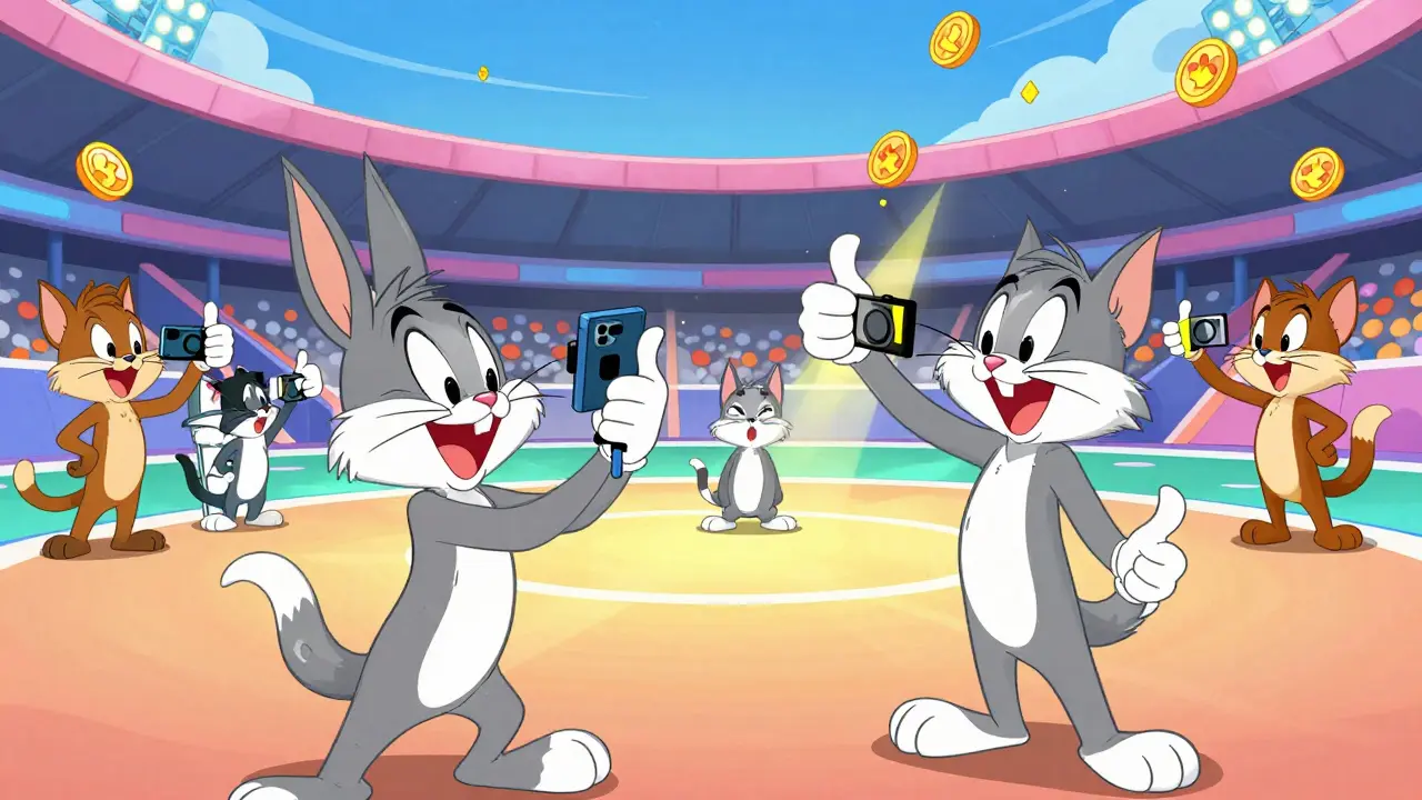 Character taking photos in digital battle with voting tokens