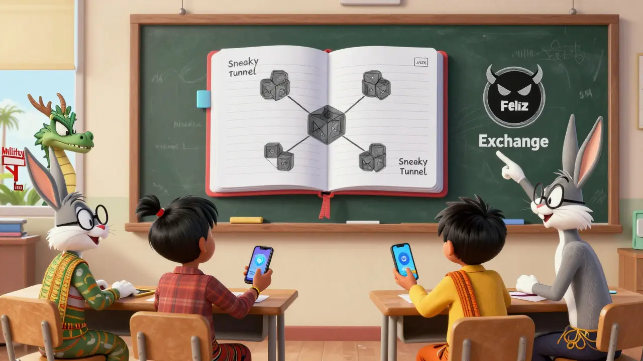 Feliz teaches crypto basics to a group of students using a chalkboard shaped like a blockchain notebook.