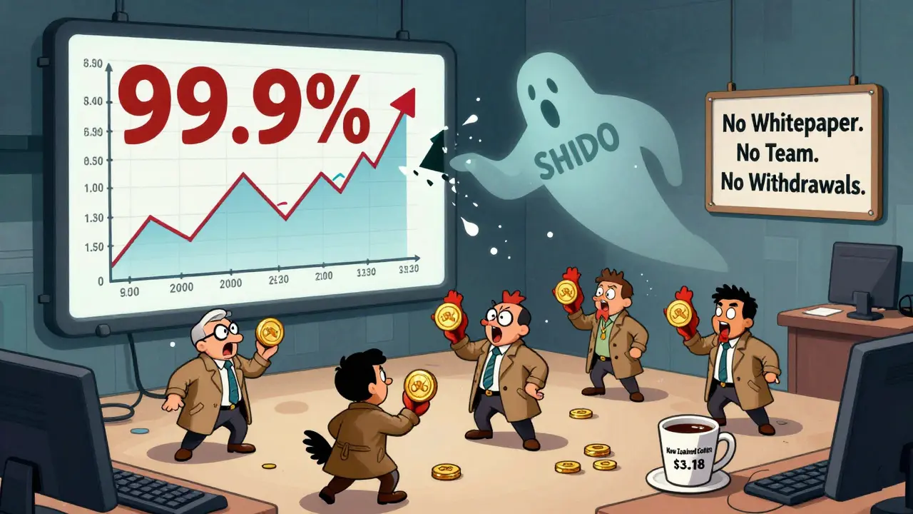 Five tiny traders using rubber chickens to trade WSHIDO on a crashing price chart with a vanishing ghostly figure.