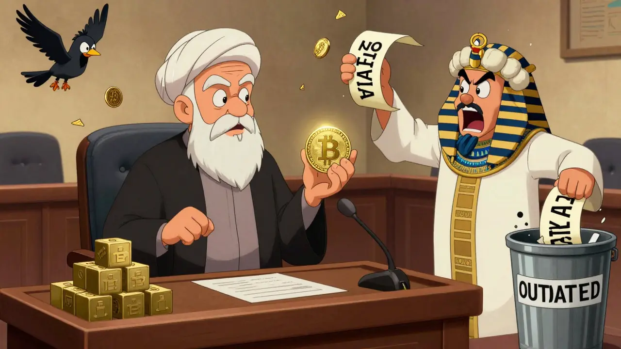 Islamic scholar defending crypto in court while old fatwa scroll gets thrown away.