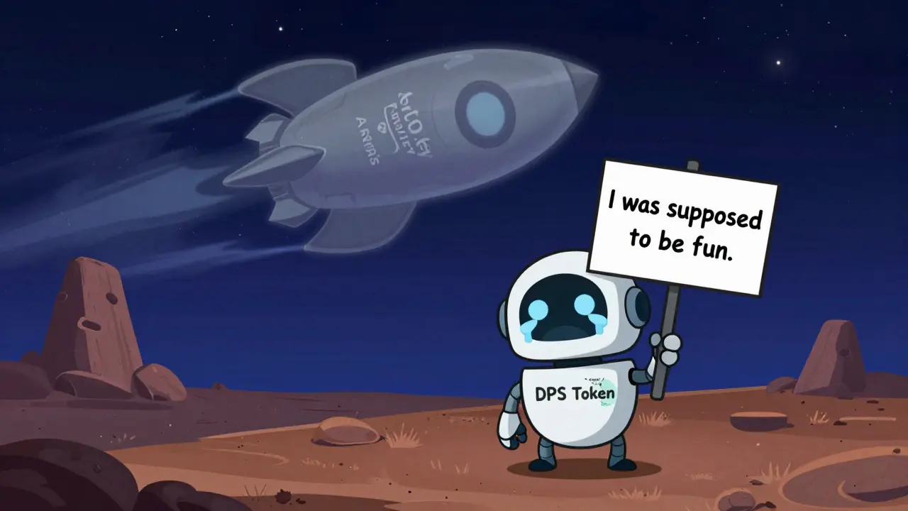 Lonely robot on asteroid with DPS sign as bigger games fly past