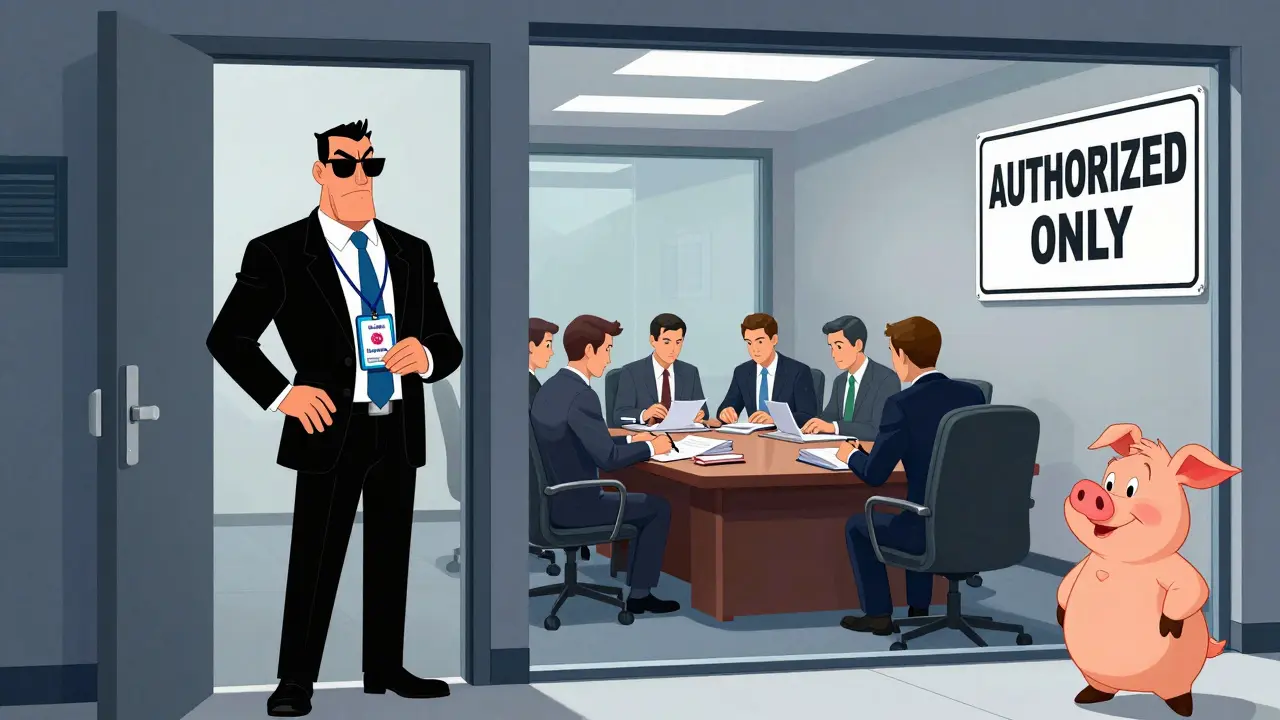 Looney Tunes-style cartoon of a private blockchain with a guard and five employees processing documents in a secure office.