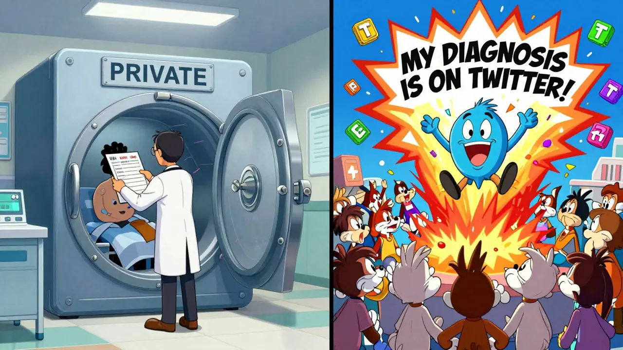 Looney Tunes-style split-screen showing private medical records secured versus public blockchain data exposed to onlookers.