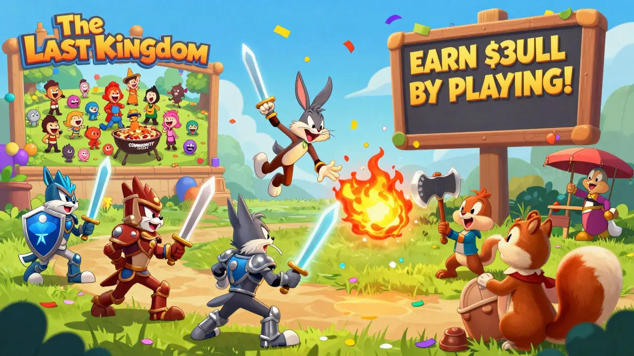 Players in NFT armor battling in a free-to-play arena with floating weapons and a BBQ-themed community mural.