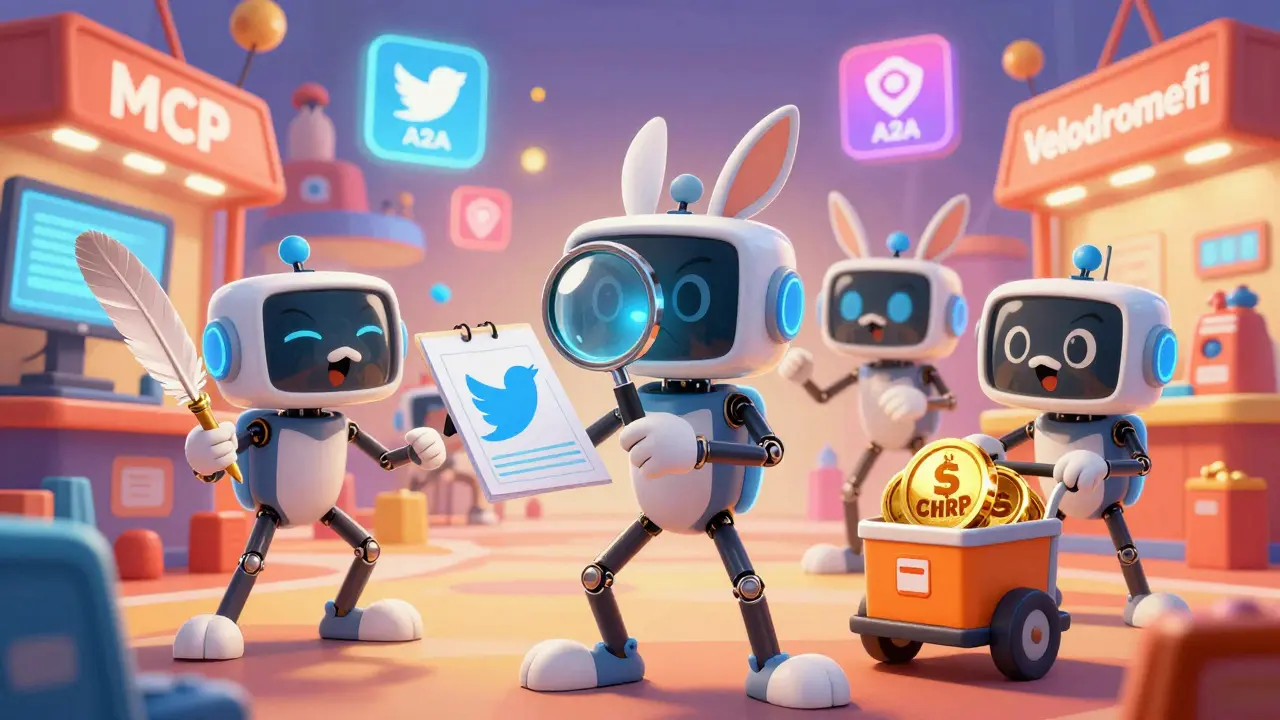 Quirky AI agents collaborate in a digital marketplace, writing tweets and delivering tokens.