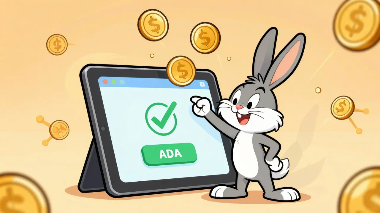 Rabbit staking ADA on tablet with floating reward coins.