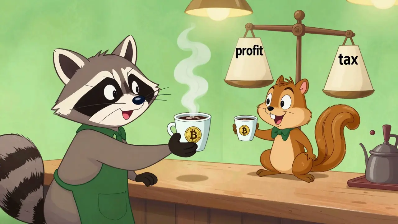 Raccoon paying for coffee with Bitcoin, squirrel barista with tax symbol.