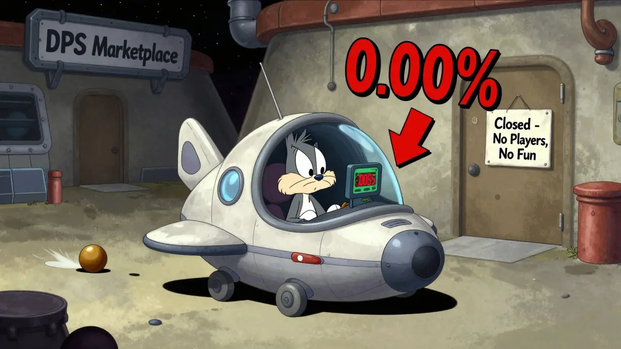 Sad pilot in spaceship at empty DPS marketplace, Looney Tunes style