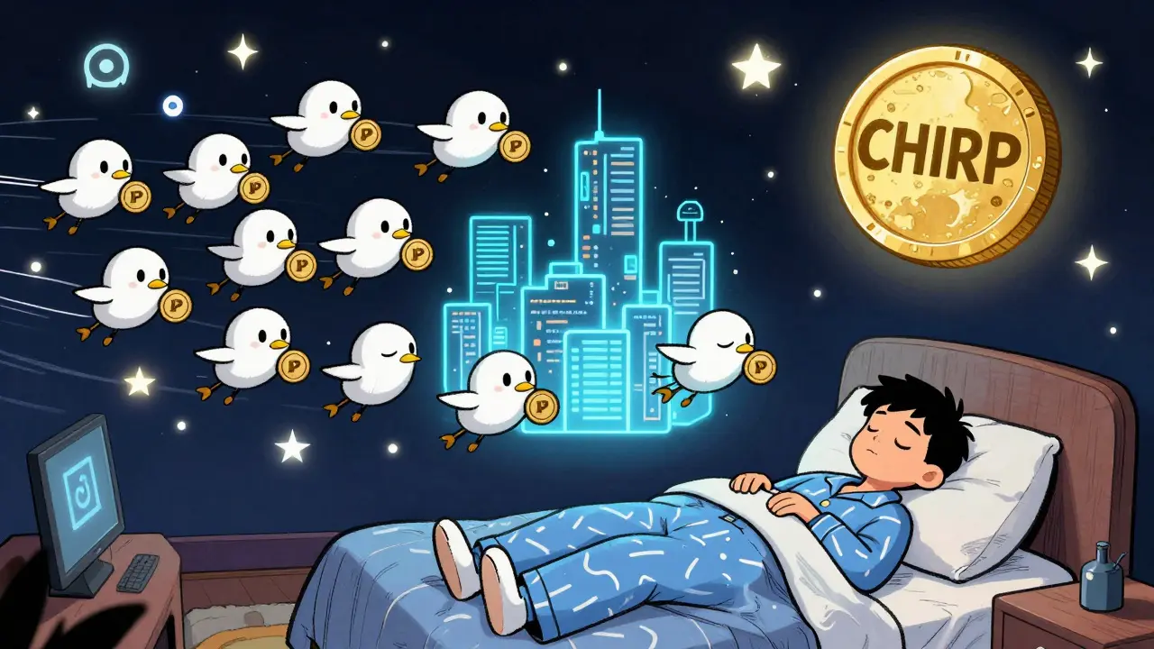 Sleeping human above a swarm of autonomous AI agents building a city of code under a CHIRP coin moon.