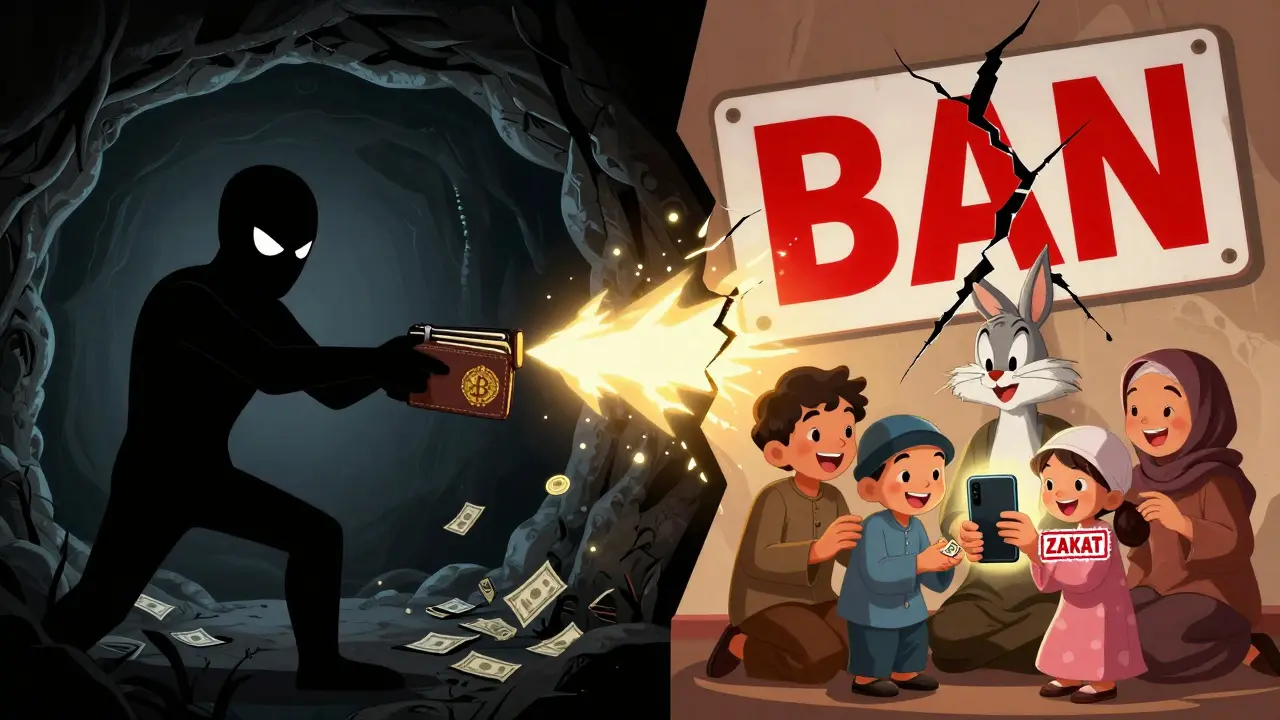 Split scene: dark crypto crime vs. family sending halal crypto remittances in cartoon style.
