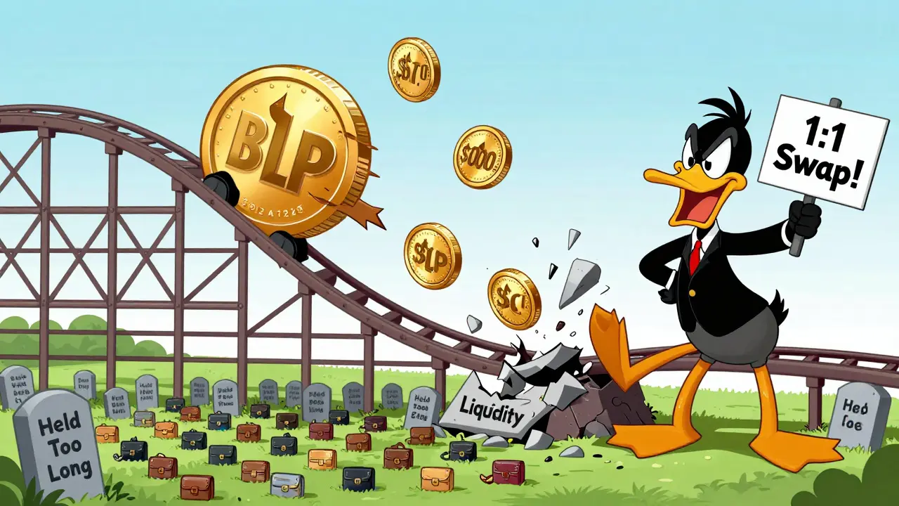 A BLP coin plummeting on a rollercoaster from <h2>What’s the Token Supply Like?</h2>.70 to near zero, with a crumbling bridge and wallets in a graveyard.