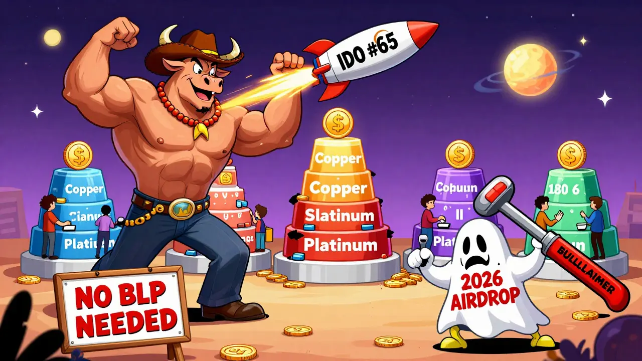 A Bull mascot launching IDO rockets at BullStarter while users stake at tiered stations, with a scam ghost being punched.