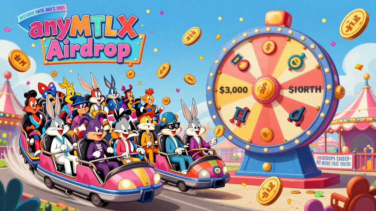 A carnival ride called 'anyMTLX' distributes random tokens to 300 quirky riders under a 'HISTORIC DATE' banner.