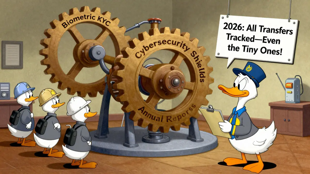 A cartoon Rube Goldberg compliance machine with biometric KYC and Travel Rule parts, watched by an FCA duck in 2026.