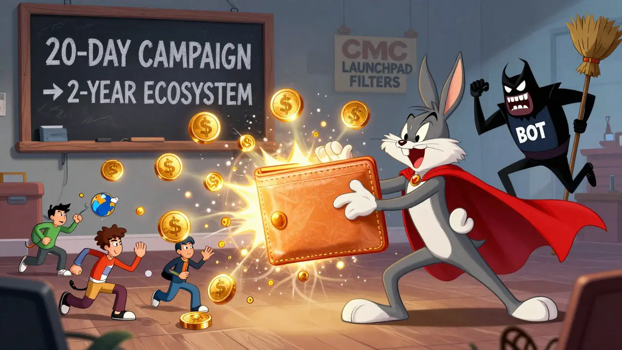 A cartoon winner opening a RICE Wallet that pulls in users, while a bot is chased away by CMC Launchpad filters.