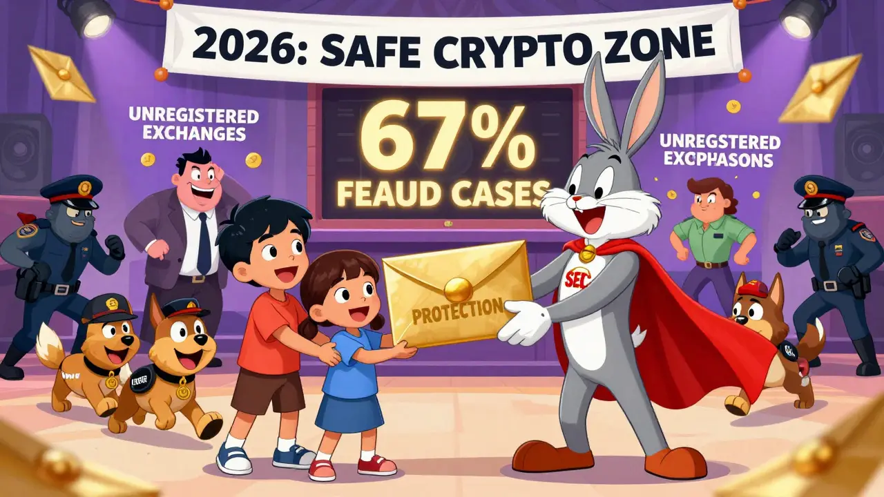 A Filipino family receives protection envelopes from a superhero SEC mascot as unregistered platforms are chased away in a cartoon celebration.