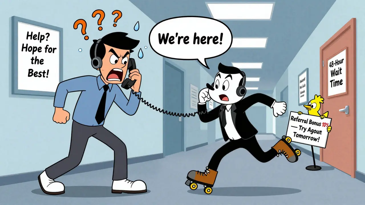 A frustrated user tries to get customer support as the agent escapes on roller skates, with a sign jokingly saying 'Hope for the Best!'