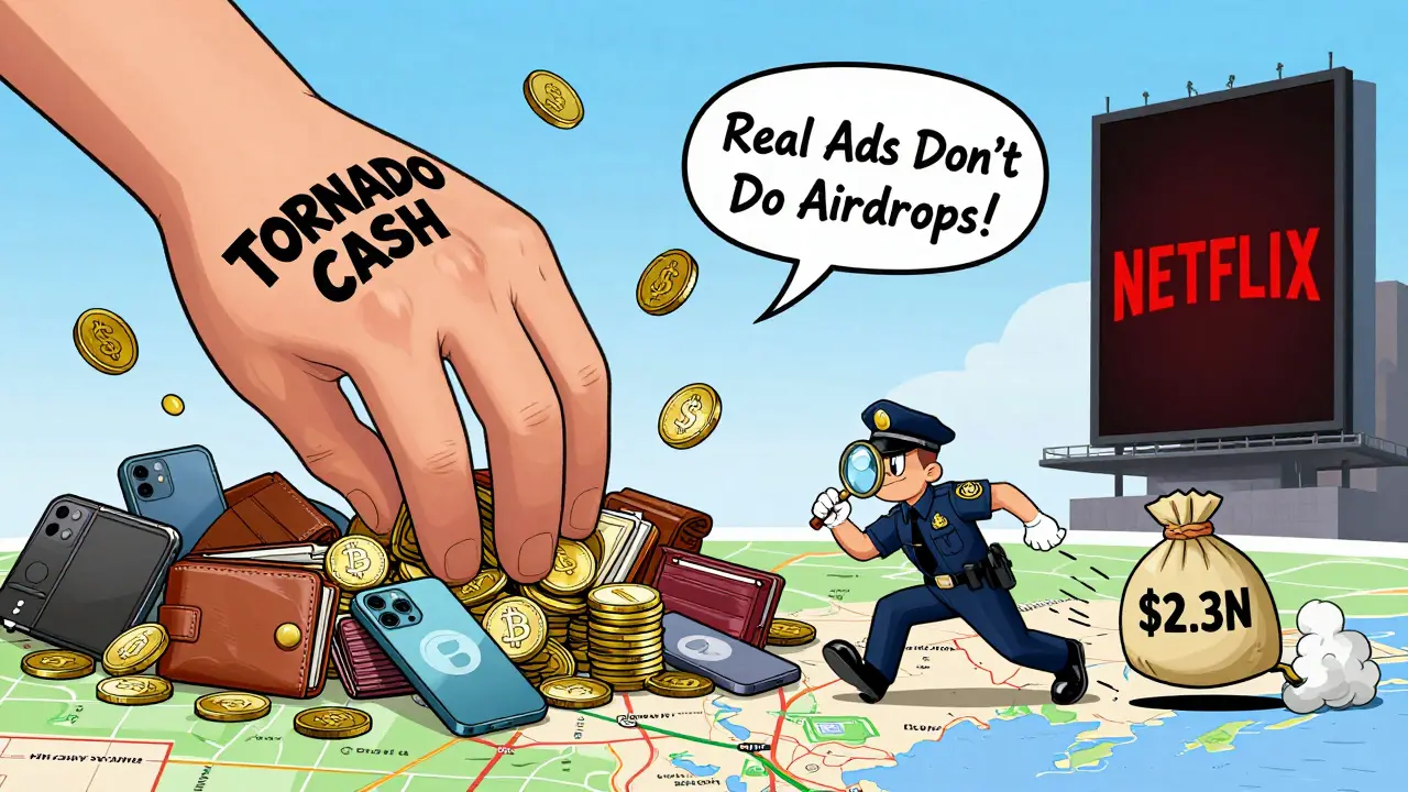 A giant hand labeled 'TORNADO CASH' sweeps up stolen crypto coins, chased by a tiny officer across a New York map.