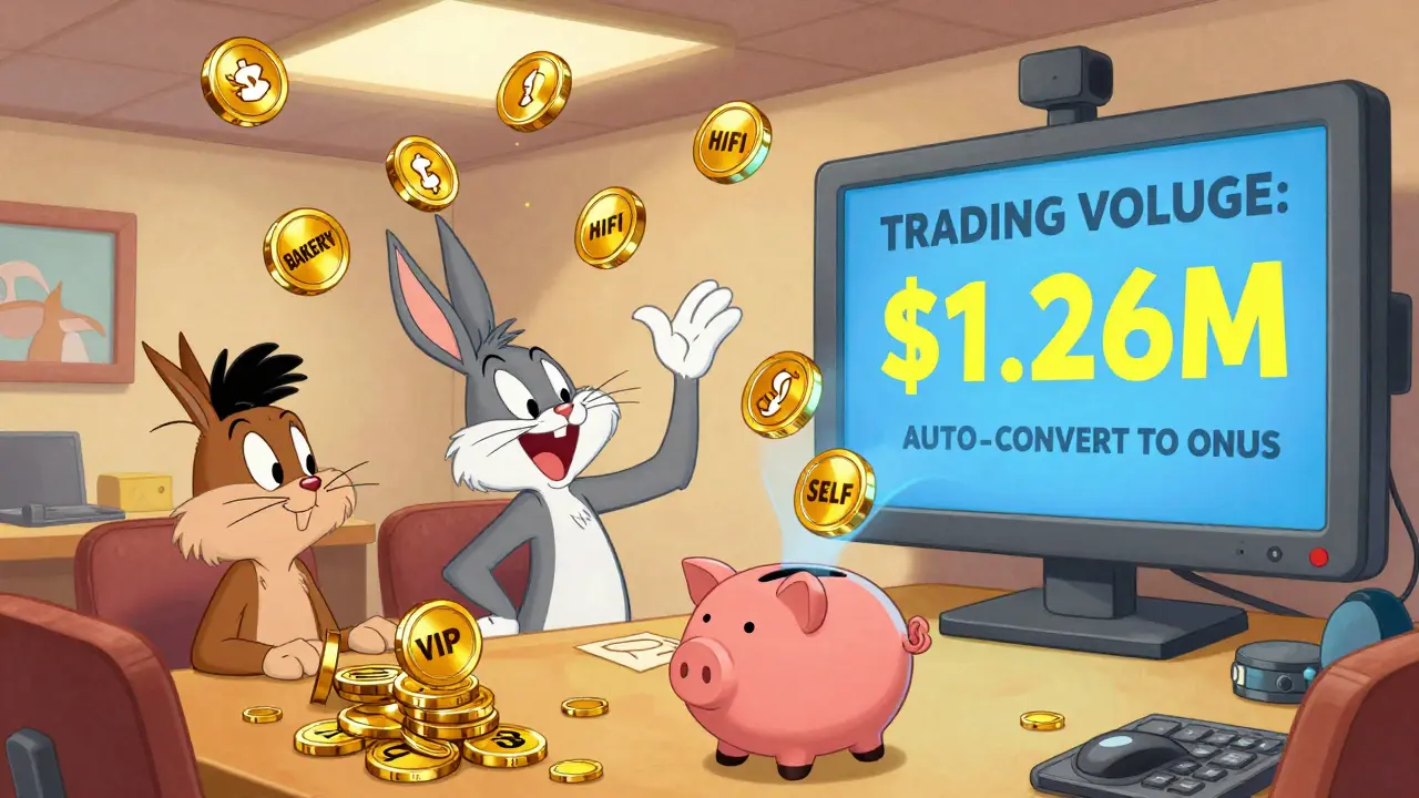 A lively trading floor with ONUS tokens raining down, users staking and trading, and unwanted tokens being automatically converted.