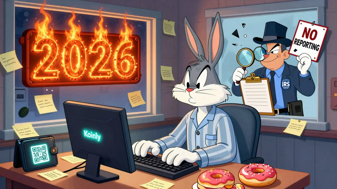 A pajama-clad trader uses tax software as an IRS agent peers in, with Uniswap winking in the background.