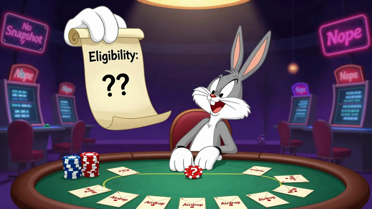 A poker player faces empty envelopes and a ghostly hand with no airdrop details.