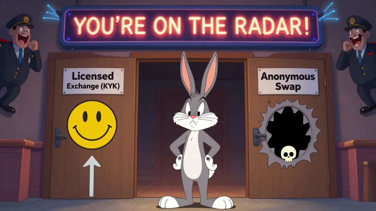A rabbit faces a choice between a safe licensed exchange and a dangerous anonymous swap in Looney Tunes style.