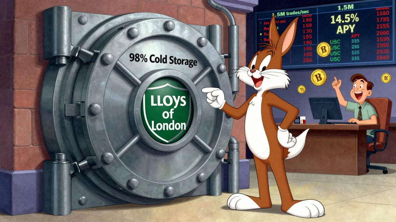 A secure vault guarded by a robot with Lloyds insurance shield, while a user earns interest on crypto coins in vibrant Looney Tunes animation style.