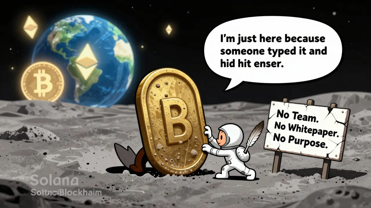 A single BURRRD token sits alone on a moon-like blockchain, ignored by a tiny human.