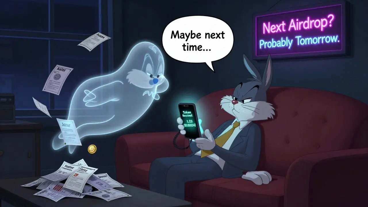A sleepy investor stares at a phone showing a tiny token reward while a ghostly CO token whispers 'Maybe next time...' in a dark room.