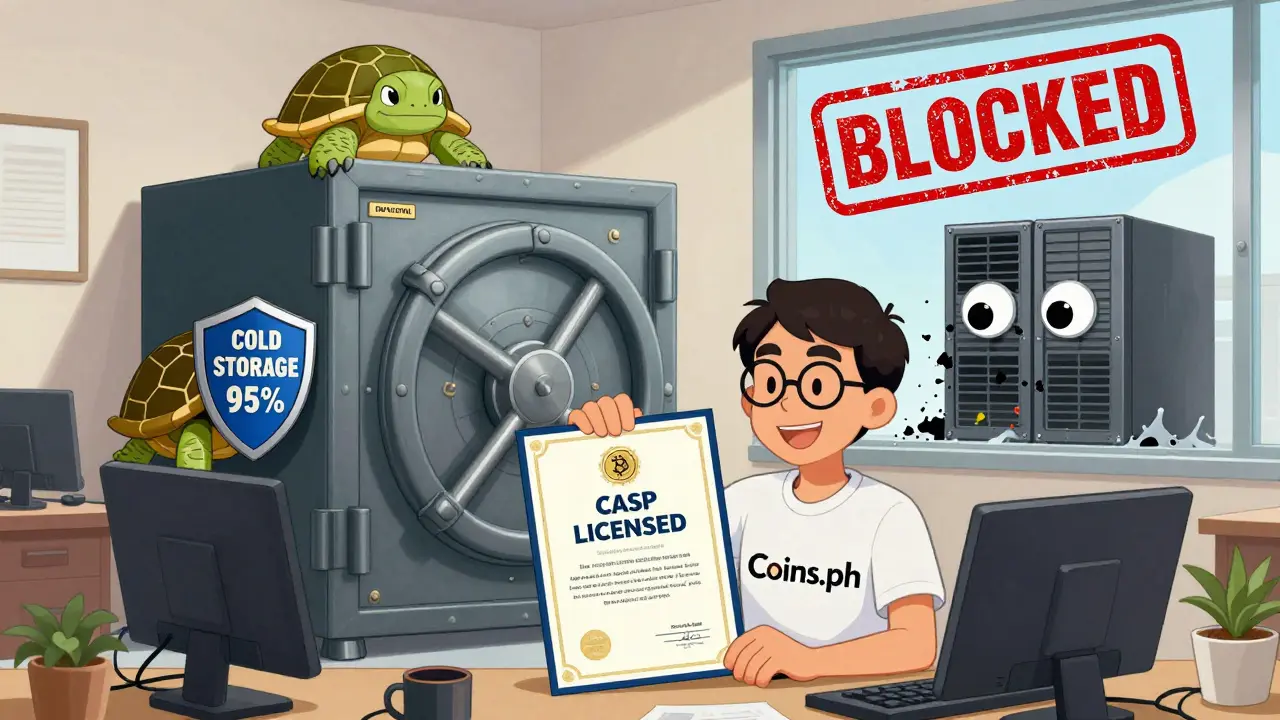 A small local crypto firm proudly displays its license while guarding a massive vault, with blocked foreign exchanges fleeing in the background.