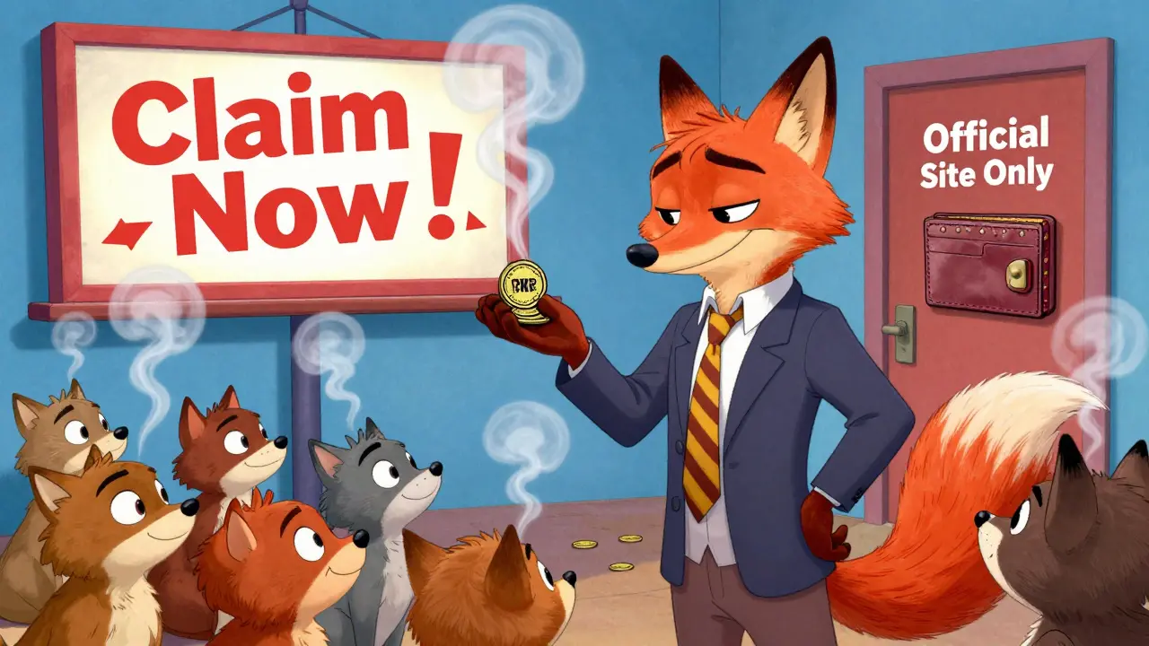 A sneaky fox gives out PKR coins that turn to smoke while a 'Claim Now!' billboard glows.