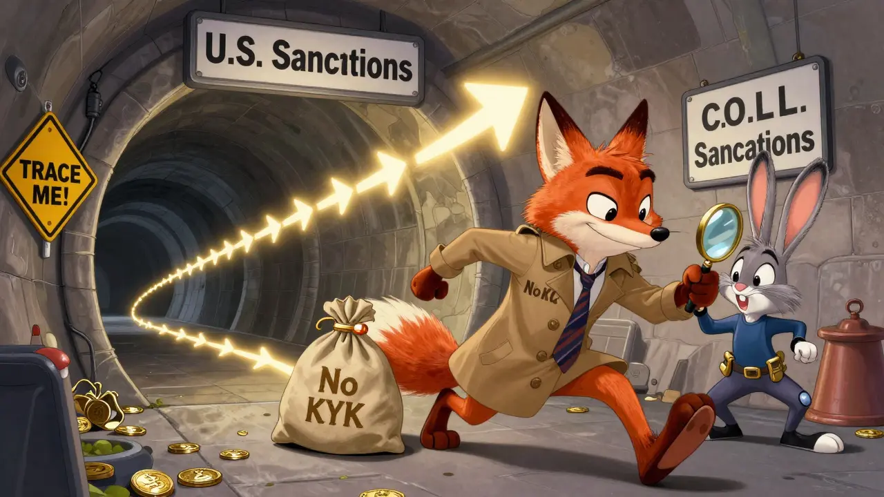 A sneaky fox smuggles crypto through a tunnel under U.S. sanctions while a blockchain trail glows behind him.
