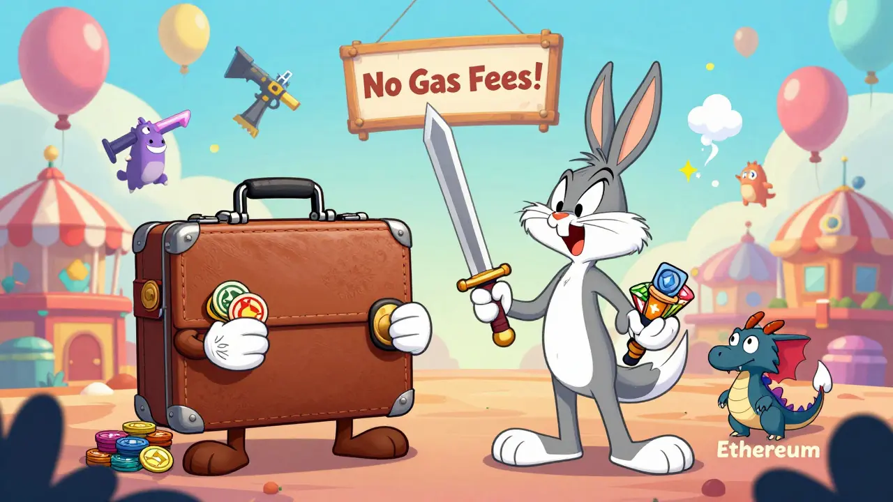 A talking wallet briefcase helps a gamer navigate a floating NFT marketplace with no gas fees.