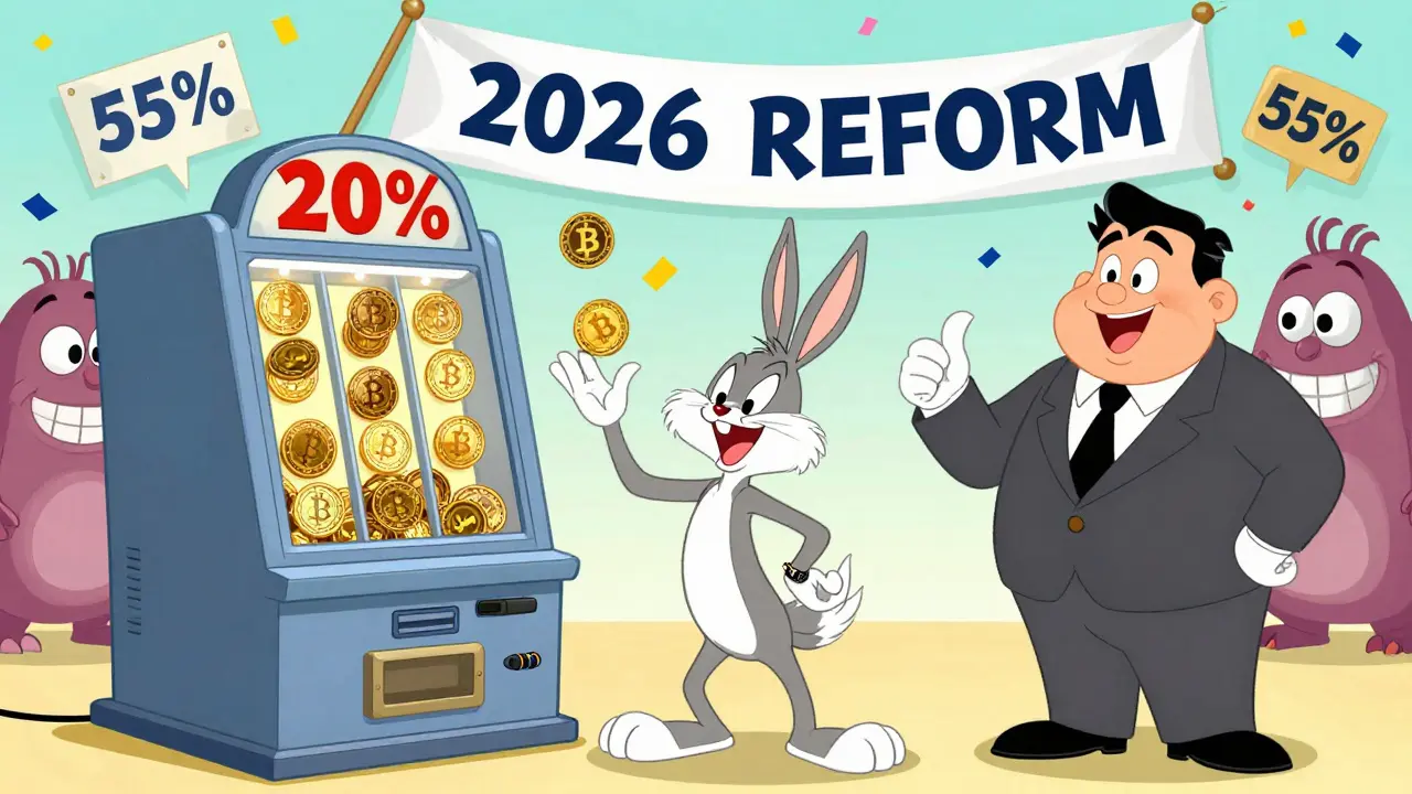 A trader happily putting crypto coins into a 20% tax slot machine, with former high-tax monsters turning to confetti in a vibrant cartoon scene.