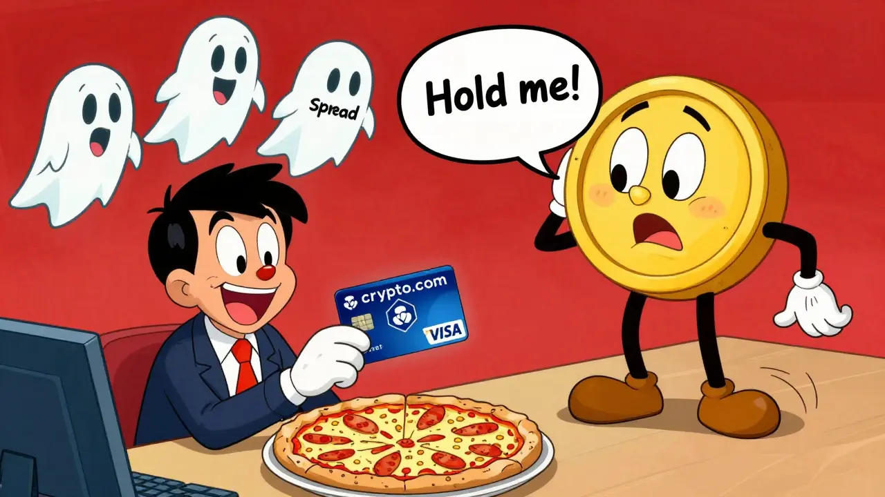 A user spending crypto with a Visa card while floating 'spread' ghosts and a whispering CRO token charm them in Looney Tunes cartoon style.
