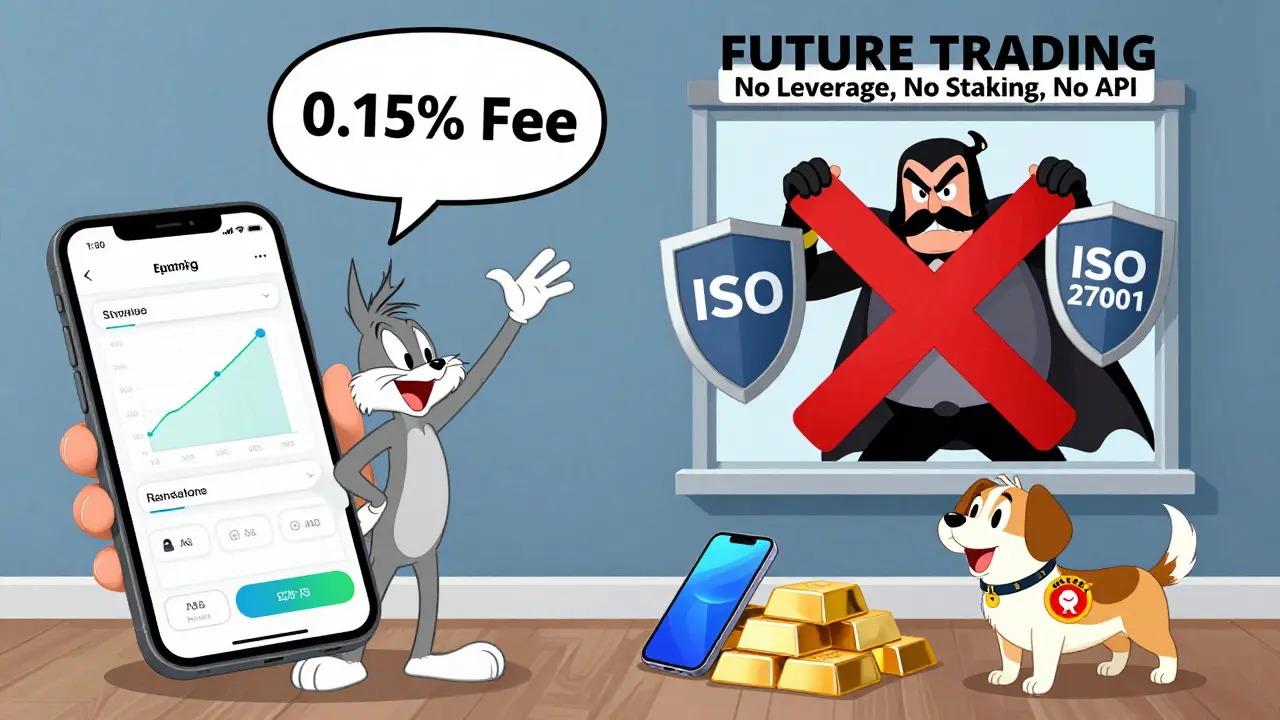 A user trades on a simple app while a villain labeled 'FUTURE TRADING' is blocked by security shields, with redeemed gadgets nearby.